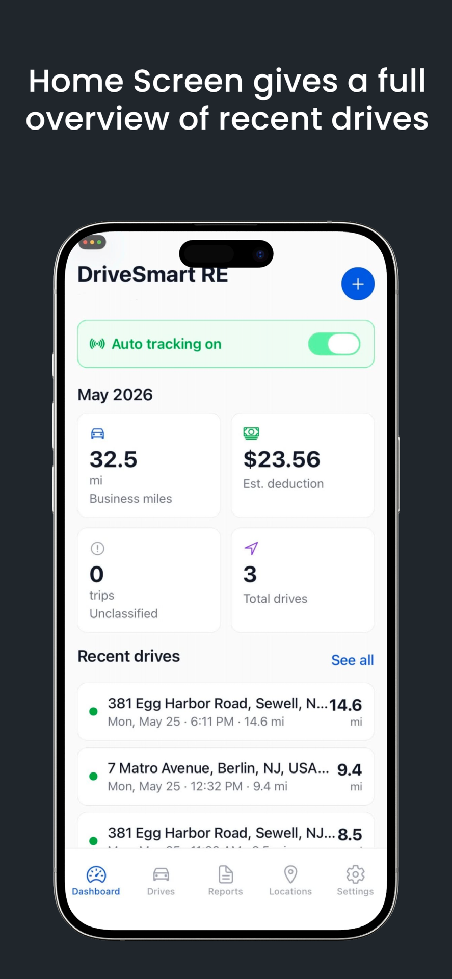 DriveSmart RE dashboard showing monthly miles and deduction
