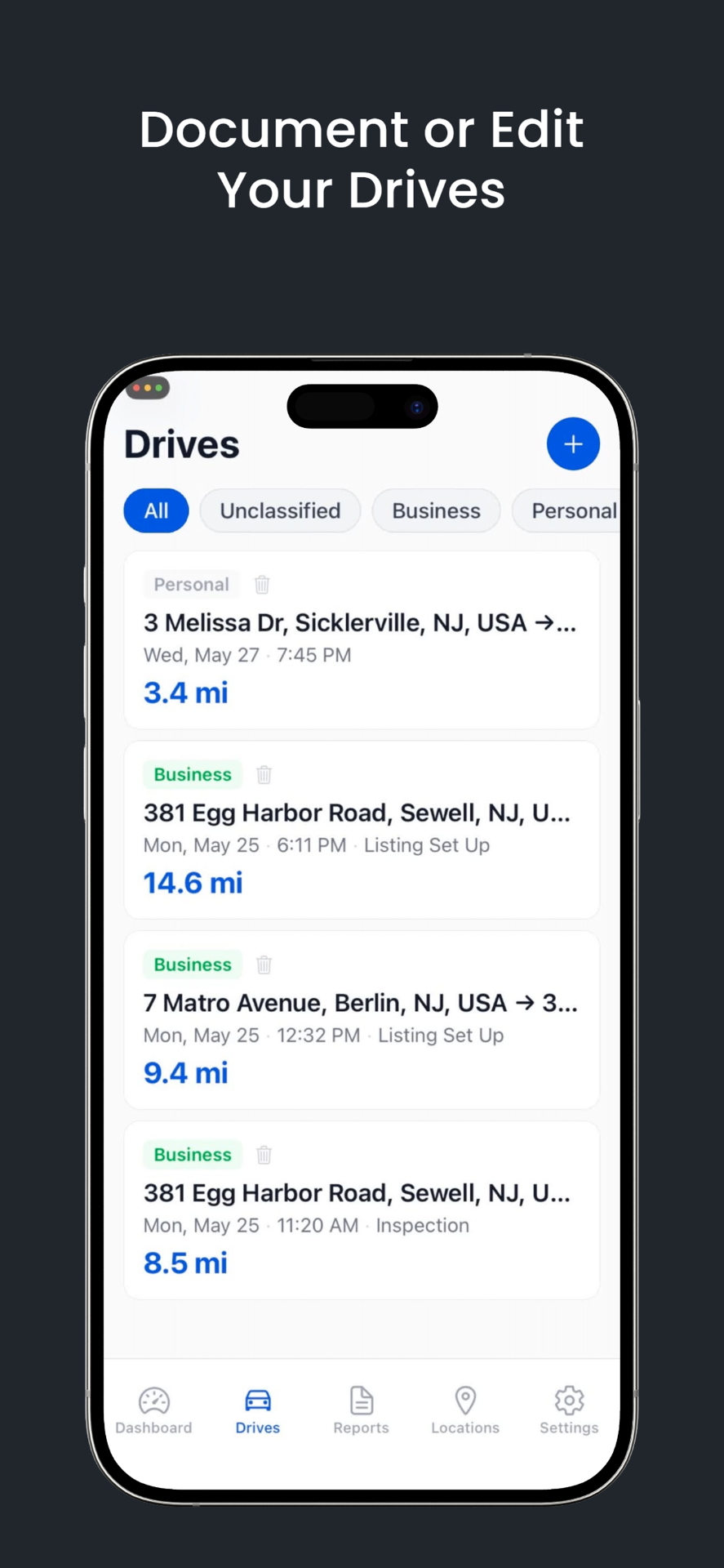 DriveSmart RE drives list with business and personal trips