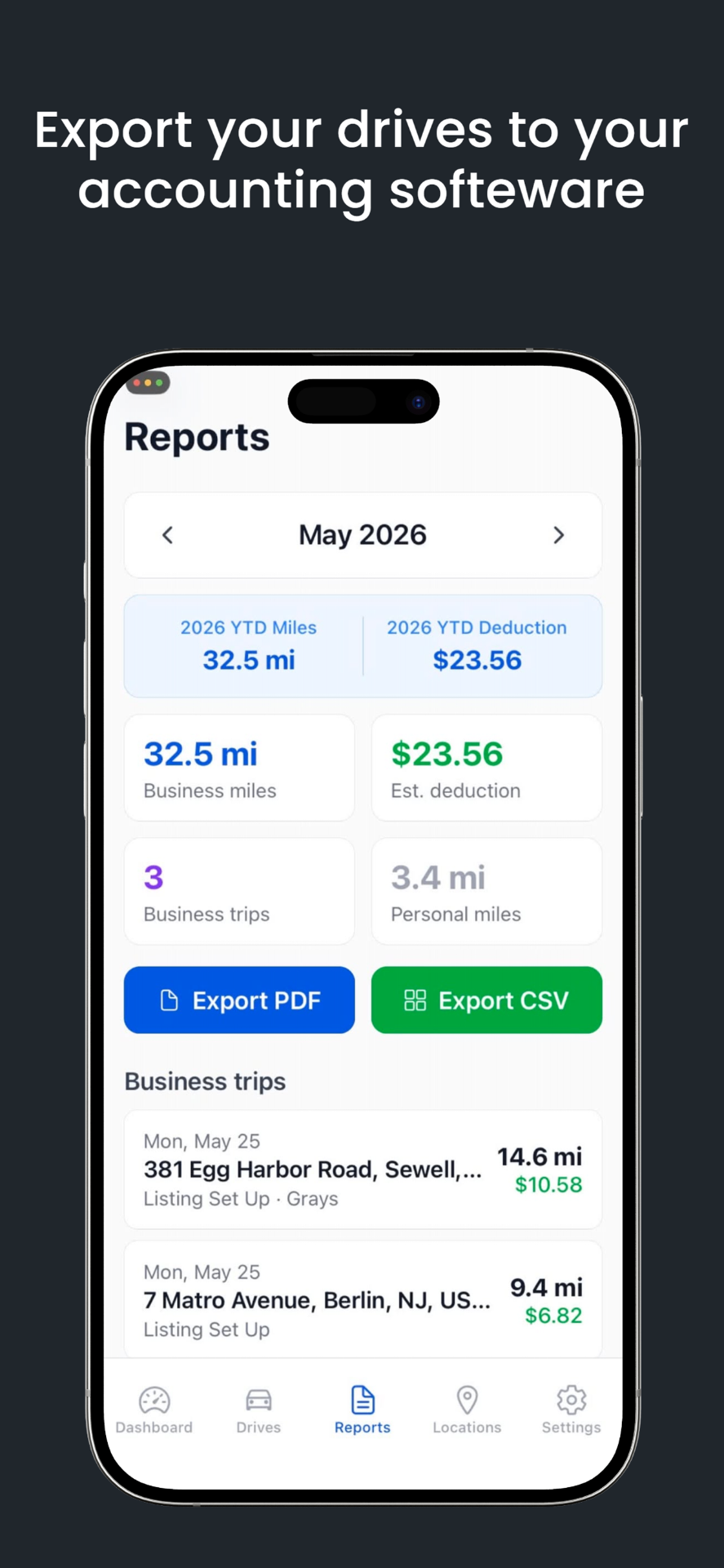DriveSmart RE reports screen with PDF and CSV export