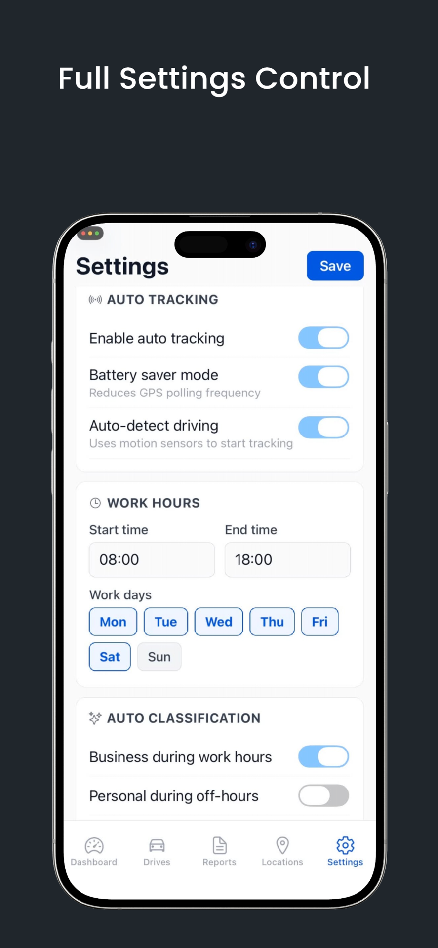 DriveSmart RE settings with auto tracking and work hours